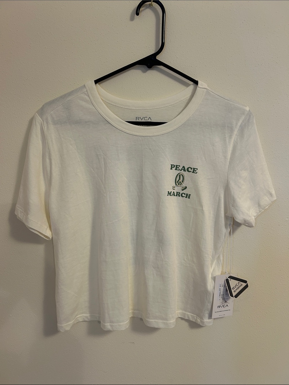 RVCA White Short Sleeve 'Peace March' Cropped Graphic Tee